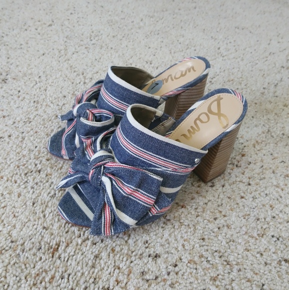 Sam Edelmann Yumi Block Heel Denim Striped Mules - Picture 3 of 8
